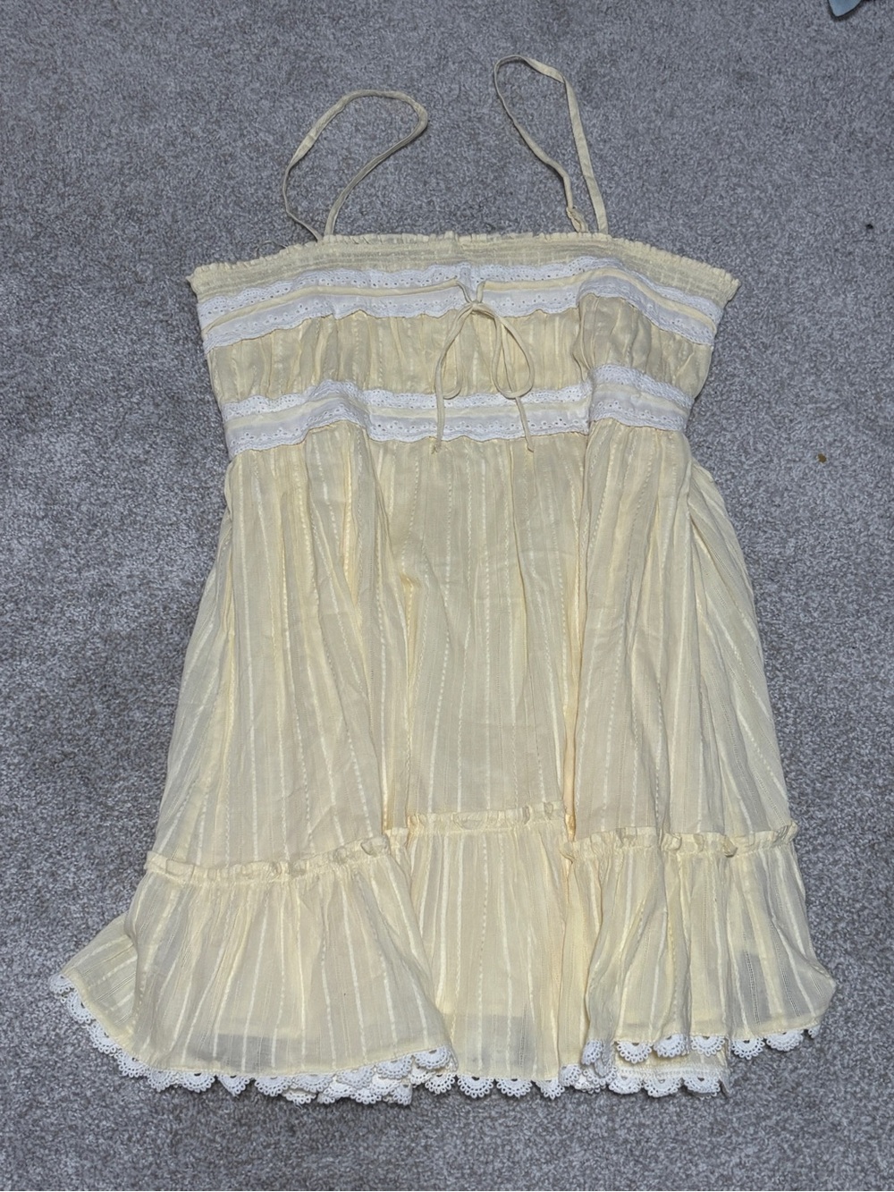 Light Yellow Spaghetti Strap Summer Dress with Lace Trim